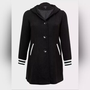 Torrid Black Woolen Varsity Hooded Longline Coat